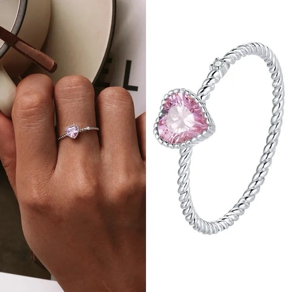 Pink Love Heart Premium Zircon 925 Sterling Silver Cross Band Rings - Picture 8 of 15